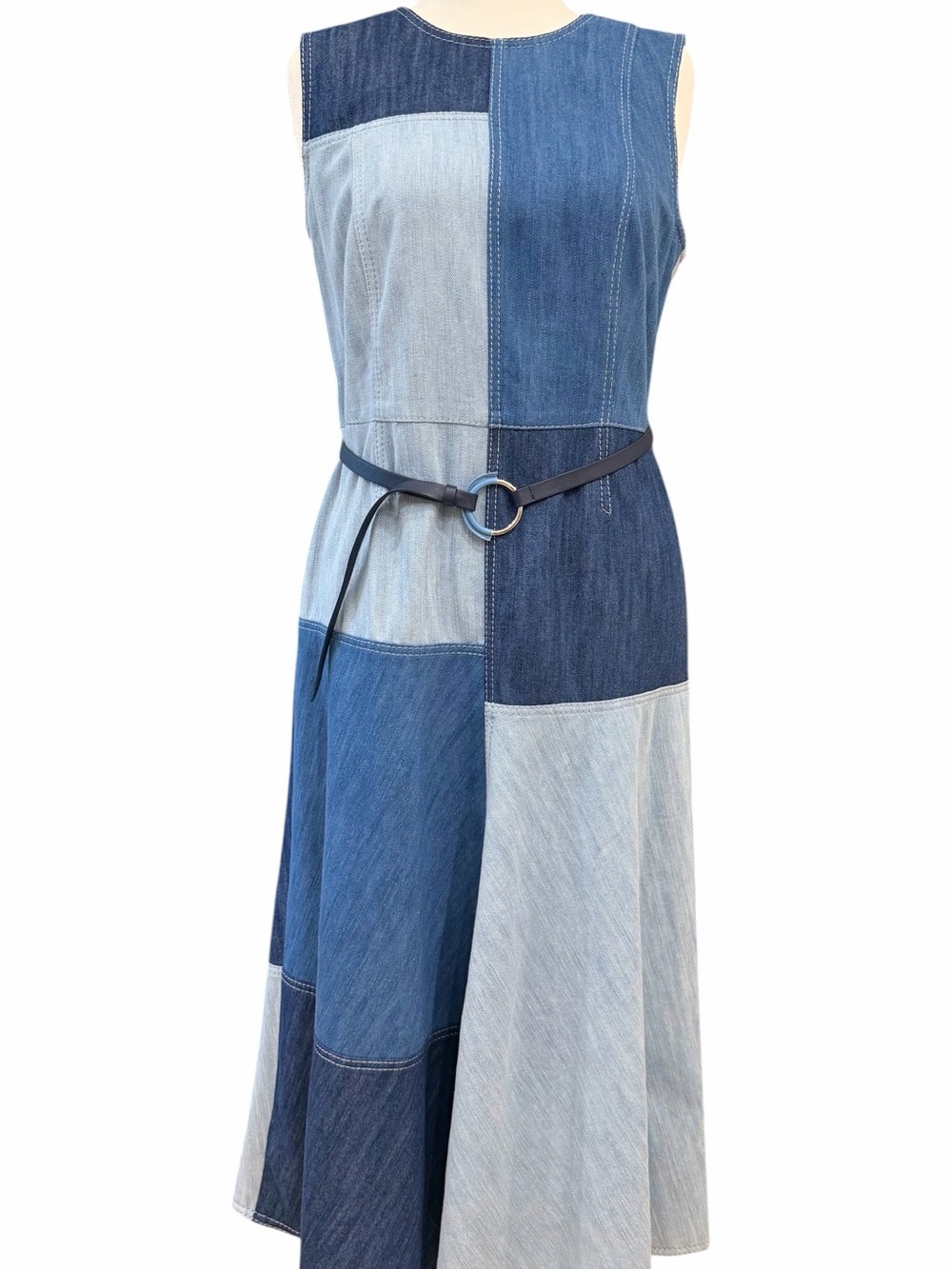 Denim Patchwork Akris Belted Midi Dress in Blue